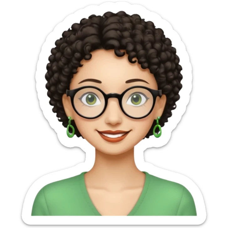 Very slim woman, light skin, short dark curly hair, black round glasses, green earrings, thin build, warm smiling face. Cartoon style. sticker