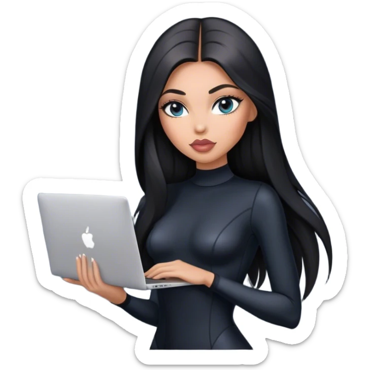 Glamours, tanned, very beautiful girl, with big pump peach-beige-rose lips, black straight smooth silky long hair, straight parting, blue-grey eyes, in black bodysuit holding MacBook sticker