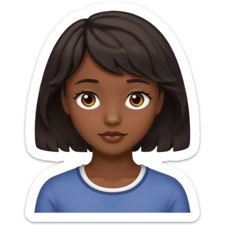 A pretty girl with dark brown eyes and short wavy dark hair with short side bangs and a neutral expression emoji sticker