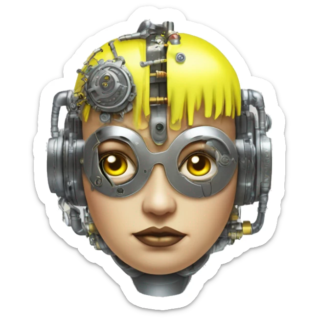 Fat faced Caucasian female cyborg head with Neon yellow bobbed hair, silver steampunk goggles and circuits sticker