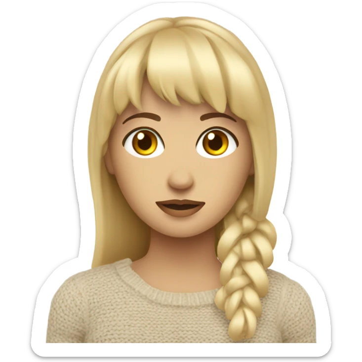 blonde woman with bangs brown eyes thinking about travel self knitted clothes sticker