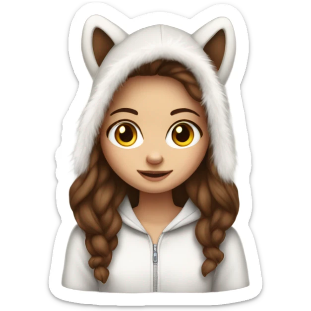 White skinned girl with long brown hair and fur hoodie sticker