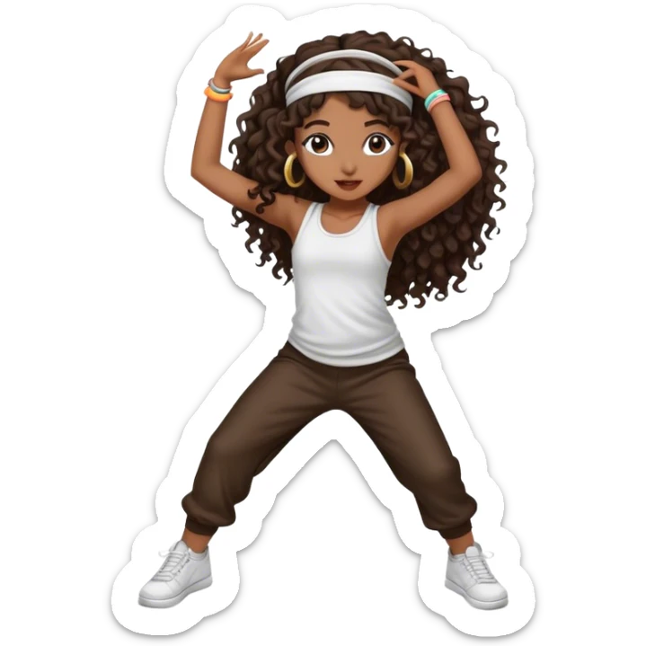 Dancing dark brown girl with long darn brown curly hair with headband hip hop sticker