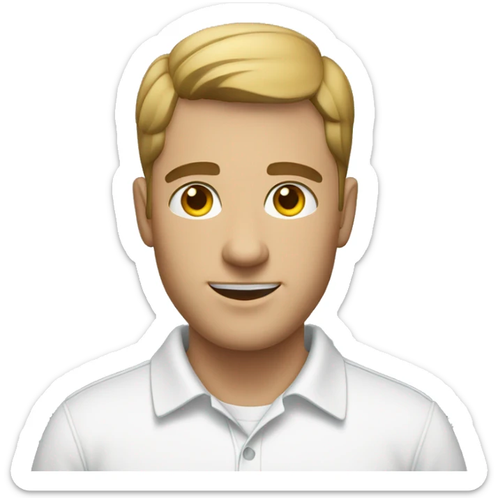 a white male in his 30s with a short haircut, wearing a white polo shirt sticker