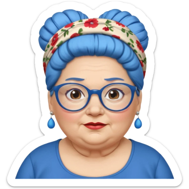 fat old woman with blue big bun hair and glassess and headband, no earrings sticker