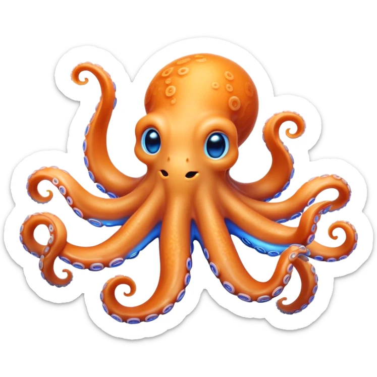Cinematic Noble smiling Octopus Portrait Emoji, Poised and enchanting, with a light orange body adorned with vibrant blue rings and eight delightfully curling arms with gentle suckers, large sparkling eyes exuding warmth and playfulness, Simplified yet charmingly expressive features, highly detailed, glowing with a soft, magical underwater radiance, high shine, intelligent and irresistibly cute, stylized with an air of whimsical marine enchantment, focused and fluid, soft glowing outline, capturing the essence of a watchful and endearing octopus that appears ready to float out of the screen with delightful charm! sticker