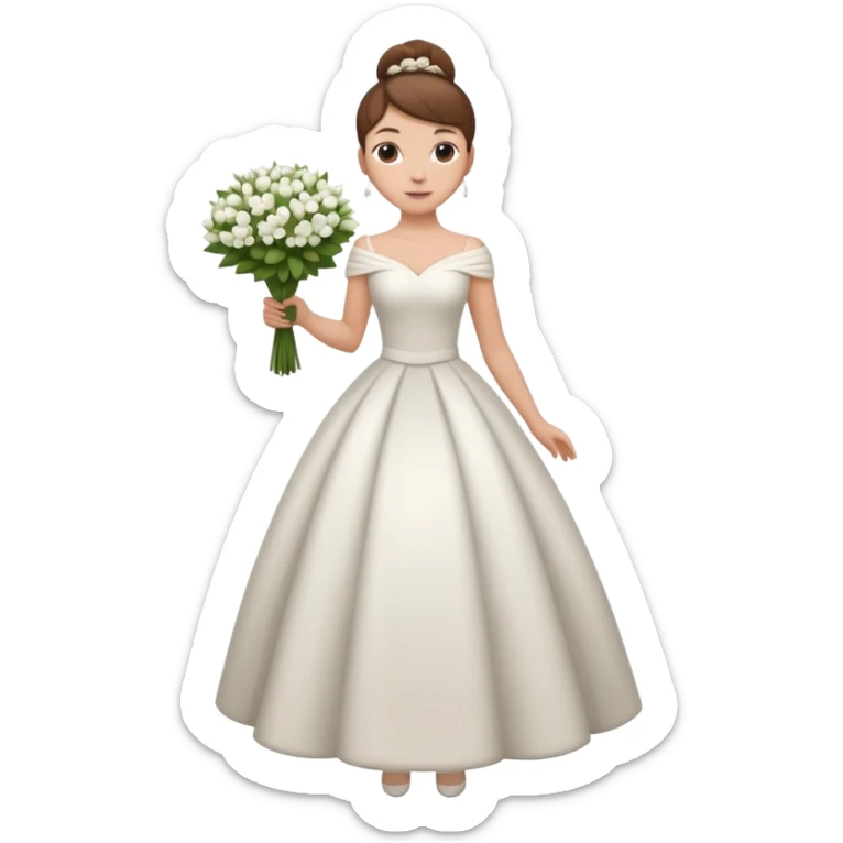 Chica blanca, cabello castaño, recogido en moño alto, vestido novia de invierno, cuerpo entero, ramo de flores en una mano sticker