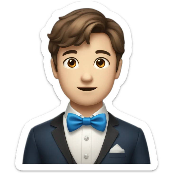 A young male tennager with a round face and very short brown hair and a mole on chin wearing a blue bow tie sticker