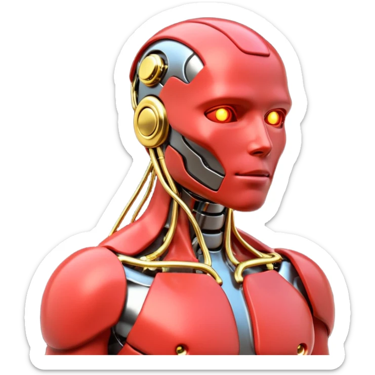 3D render of Neural Link, futuristic cyborg aesthetic, fusion of organic skin and chrome metal, gold brass valves mixed with red muscle tissue, exposed wiring, emoji style, isolated on white background --v 6.0. sticker