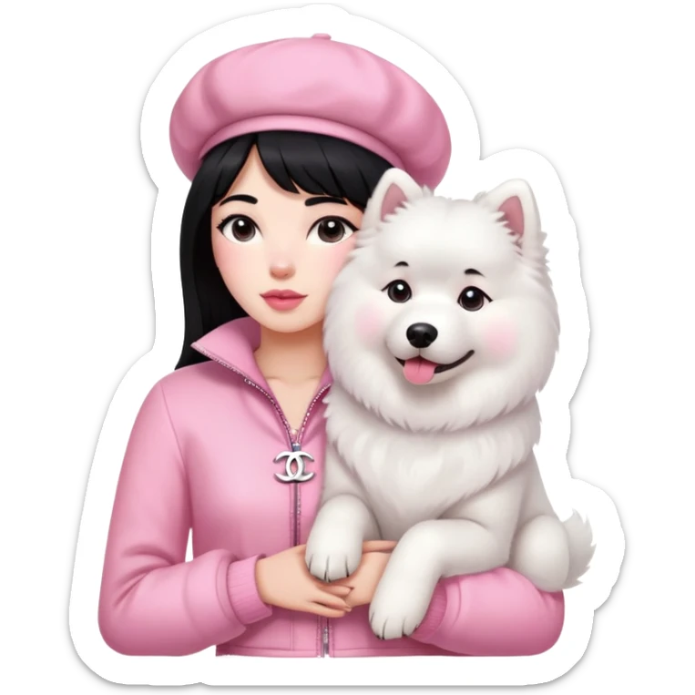 Black-haired girl in pink Chanel-style outfit with white Samoyed dog sticker