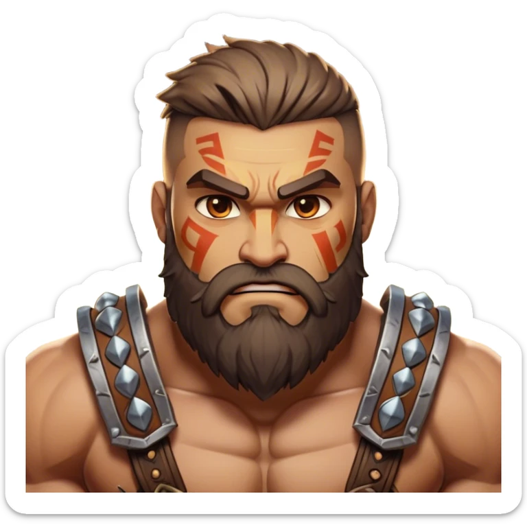 Clash of Clans aesthetic: Cinematic Rugged Barbarian Portrait Emoji, Intense and formidable with a heavily muscled physique, a rugged beard, piercing eyes, and battle-worn armor adorned with tribal markings, his expression fierce and resolute, Simplified yet powerfully detailed features, highly detailed, glowing with a deep, primal energy, high shine, gritty and uncompromising, stylized with an air of raw, untamed power, focused and determined, soft glowing outline, capturing the essence of a barbarian warrior carved by countless battles and poised to lead his clan into epic conflict! sticker