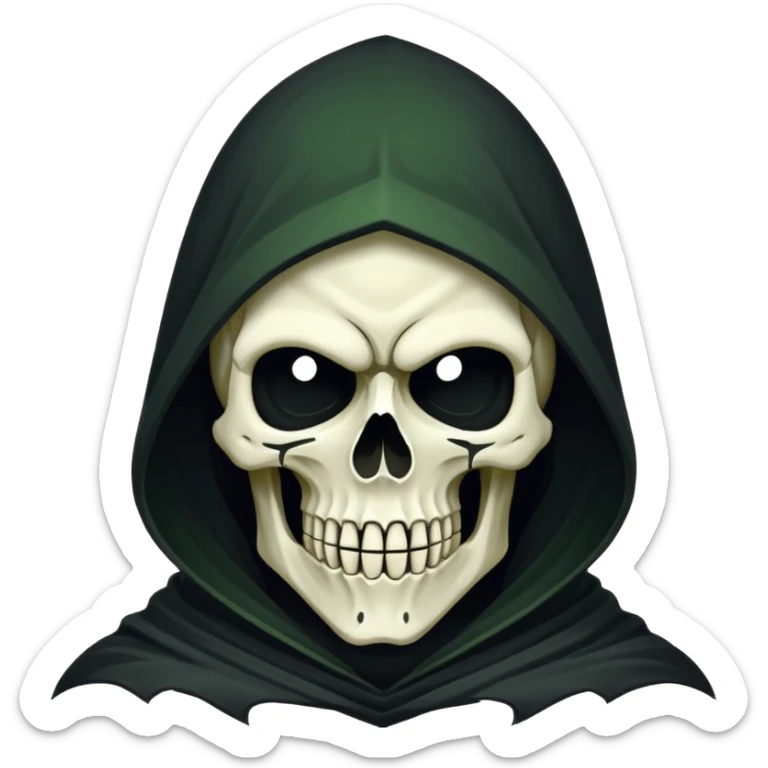 Icon of the Grim Reaper's face. His skull is stylized, his hood is tattered. He is [например: winking with a sly grin]. Clean, flat vector art, high contrast. Stylized as a modern logo or a medieval woodcut. Strictly black and white with one accent color like dark moss green or deep crimson.  sticker