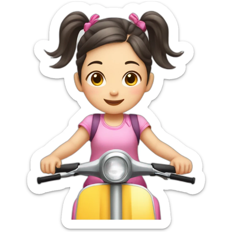4yo Chinese girl with pigtails hair, riding kids’ scooter sticker