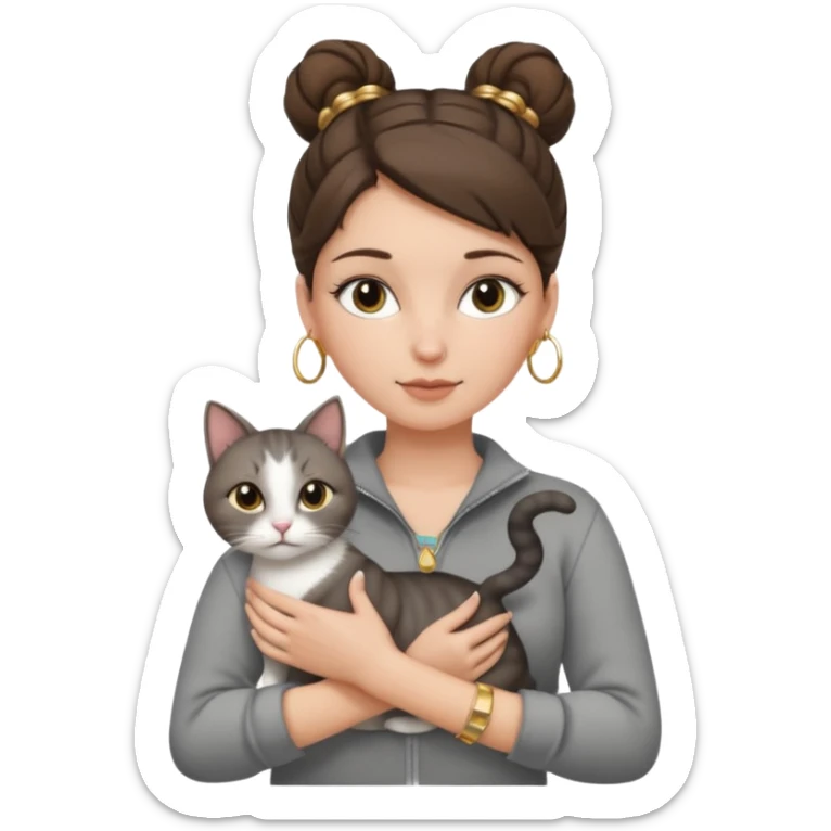 a white girl with brunette hair in a one single bun holding a grey cat. the girl has long lashes and has on a grey zip up that is half way zipped  and under a white shirt and gold jewelry that is gold bracelets. sticker