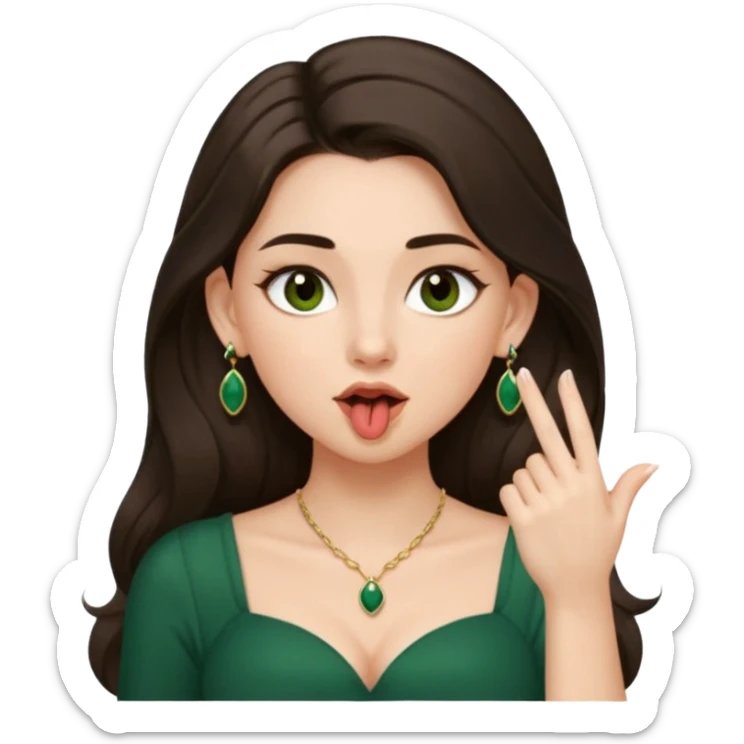 pretty bratz genmoji that looks like tamannah bhatia (bollywood actress), wearing a dark green sweetheart neckline top, dark brown hair, light makeup, no necklace, dangly earrings, SIDE hair part, fair. dark brown eyes, long hair

Show her licking her finger  sticker
