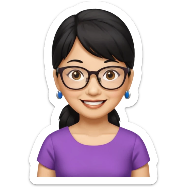 filipino woman black hair in one pony tail with straight bangs and big glasses, 60 yr old, nice dress

 sticker