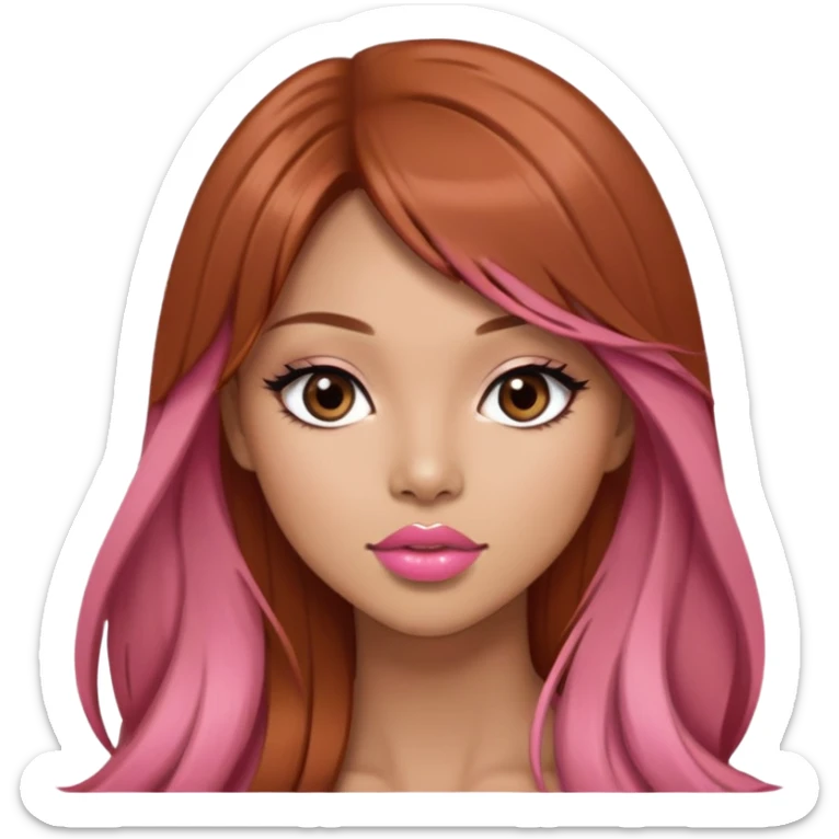 gorgeous woman, light tan skin, very long auburn hair, side bangs, black eyes, peachy pink lipstick, model, latina, asian, mixed sticker