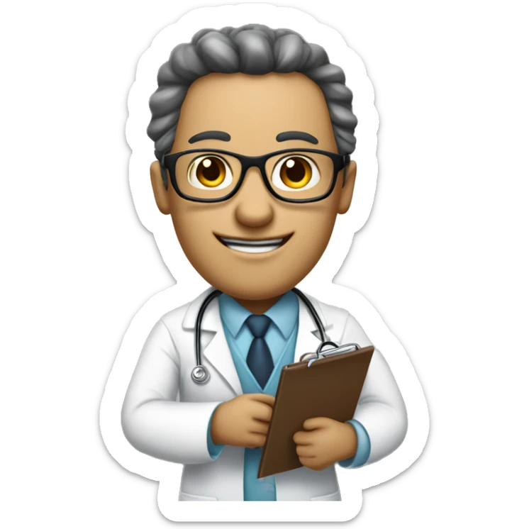 I want you to create a cartoon doctor with a clipboard, who is smiling and wearing glasses. sticker