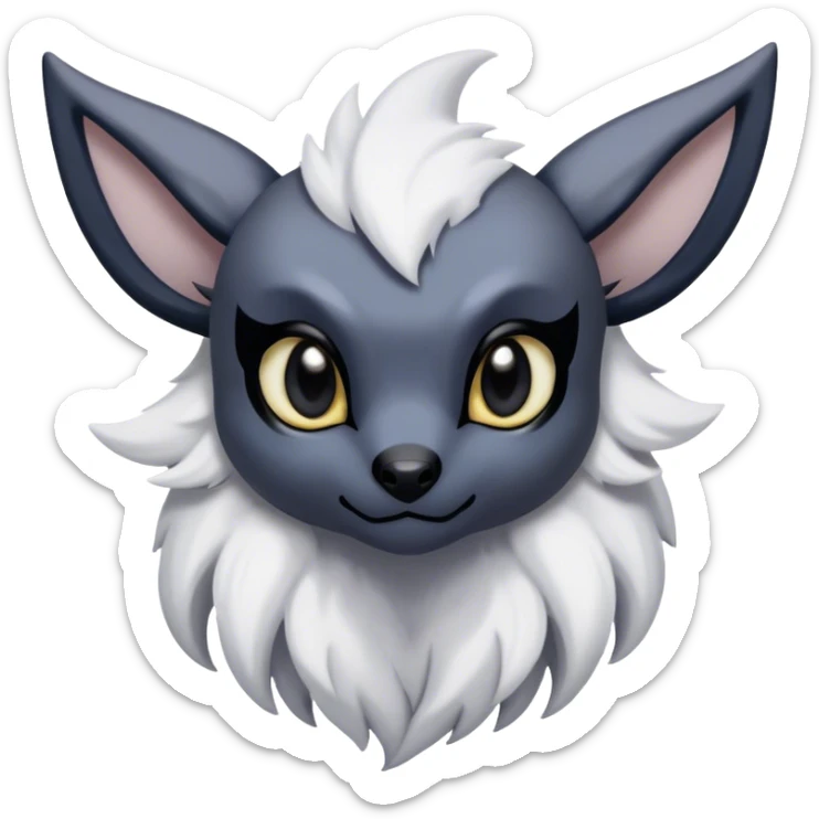 Absol-Umbreon-fantasy creature, nostril holes. black ears, no Scapha, black long scaly tail, big eyes, black eyes, white fur, black claws, cute, adorable sticker