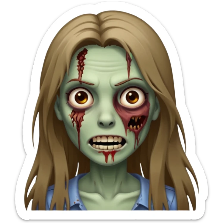 a zombie woman with straight brown long hair, a bruised mouth, and a smile  sticker