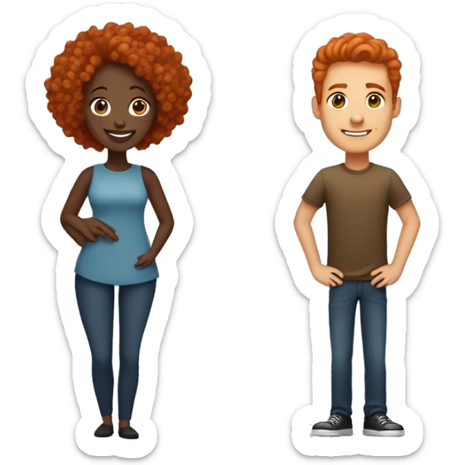 Create an emoji of a couple: a woman with curly long red hair and a man with very short straight black hair and dark brown skin. Both should be smiling and hugging sticker