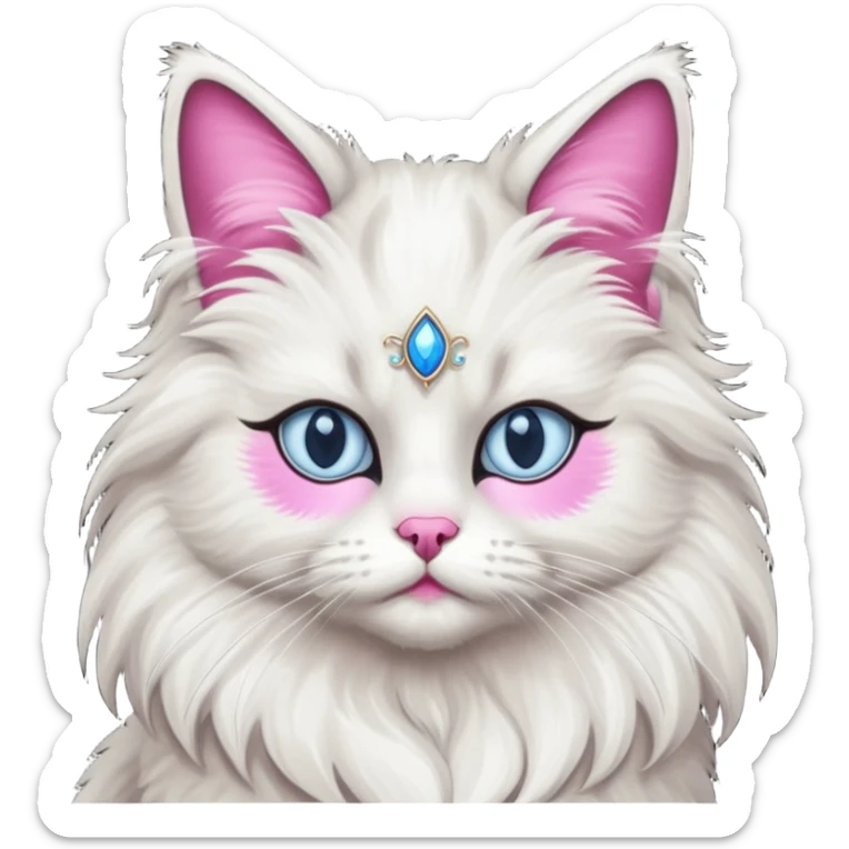 Neva masquerade cat, very fluffy, gray and white, with blue eyes and pink nose sticker