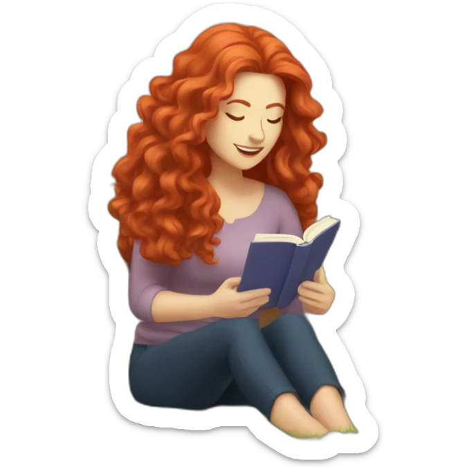 White woman with long curly red hair reading a book with a glass of wine in a park sticker