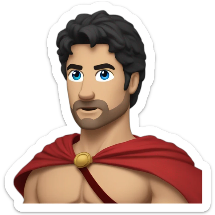 The Spartan Leonidas. Muscly physique. Wearing a red cape. Masculin. Black hair. Blue eyes. sticker