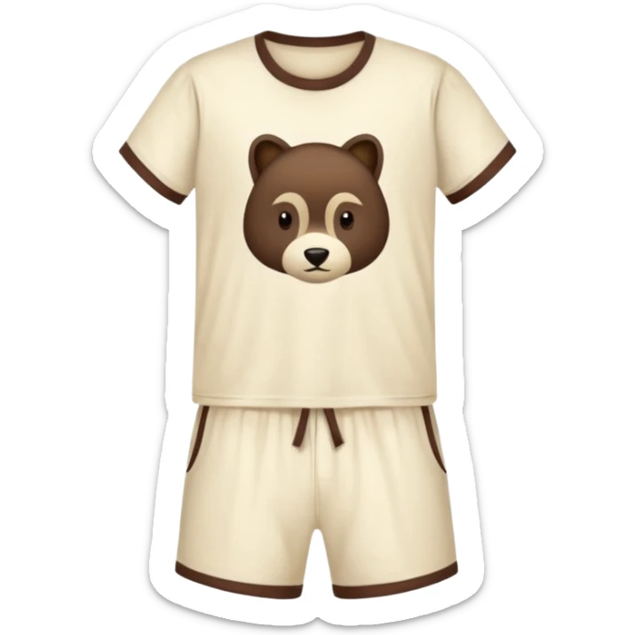 Pajamas with dark brown shorts and a light cream colored T-shirt sticker