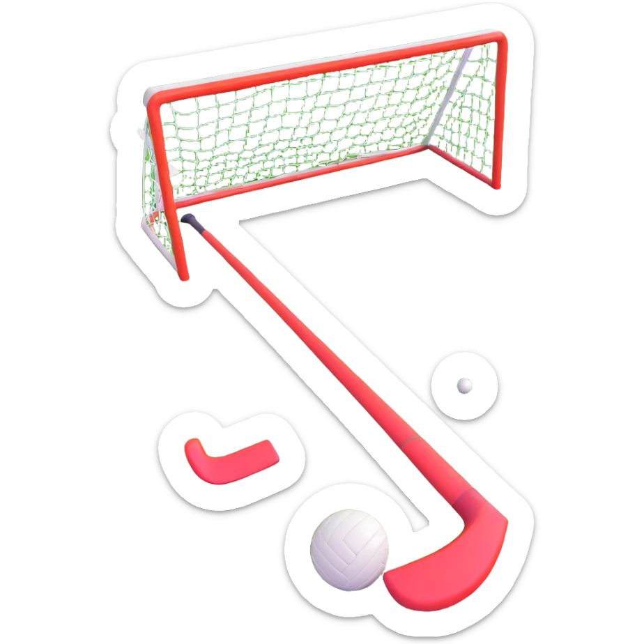 field hockey stick and ball on vibrant green grass field with goalposts sticker