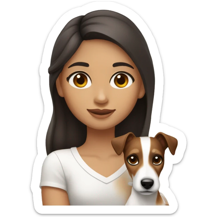 Girl with long dark brown hair and big hazel doe eyes with long eyelashes holding a jack russell terrier  sticker