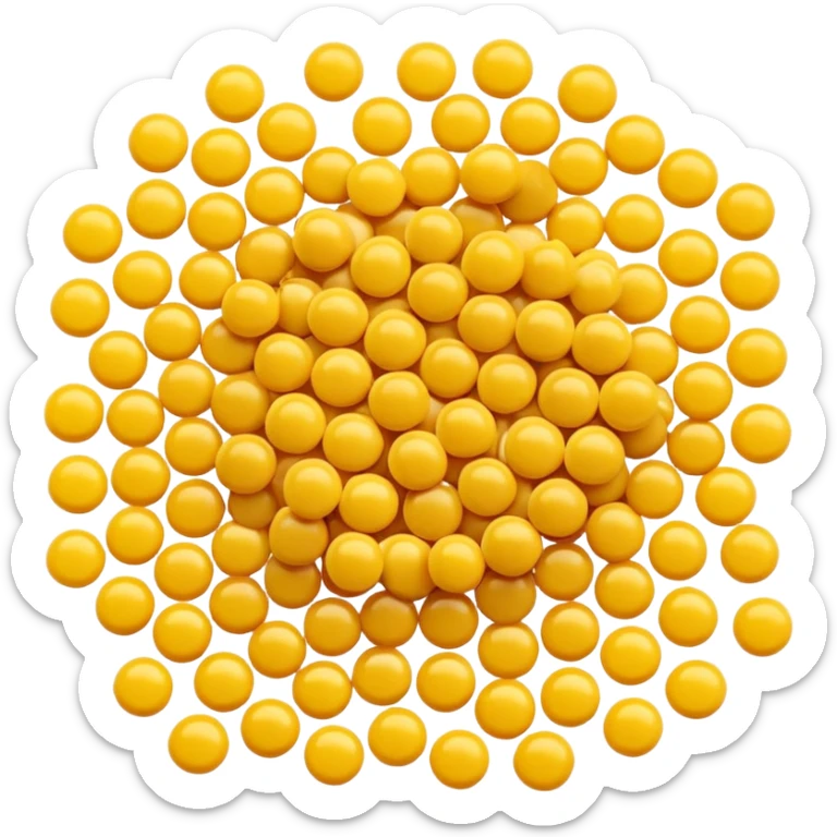 loose pile of small golden-yellow wax pellets, round and slightly flattened, soft matte surface, smooth uniform texture, resembling glossy candy drops, apple emoji style, soft lighting, subtle shadows, transparent background, emoji scale sticker