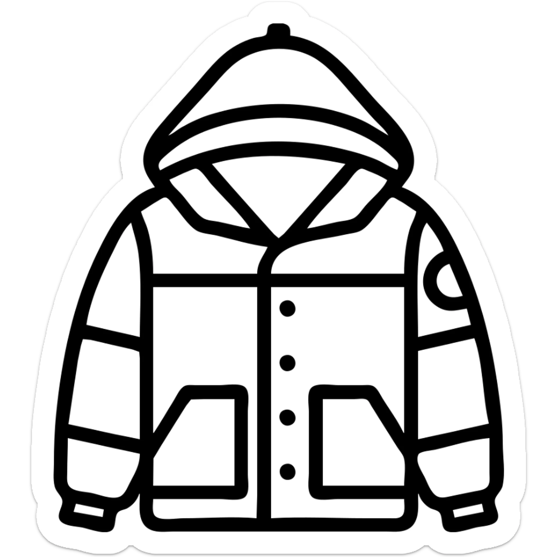 Create a clean black outline of a jacket with no fill on a transparent background. Keep the hood and patch details simple and clear, focusing on the outline style with no color fill. sticker
