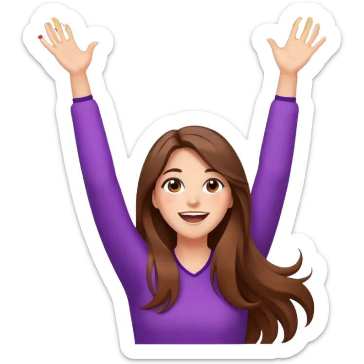 excited woman with long brown hair with arms raised above head with confetti and sparkles in the background cartoon style sticker
