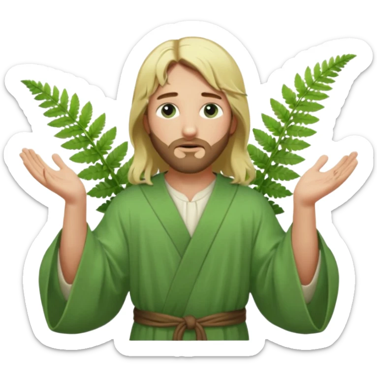 Jesus, green eyes, blonde hair, light green robe. opening arms, gazing thoughtfully. Soft light, subtle fern. Waist-up, profile. sticker