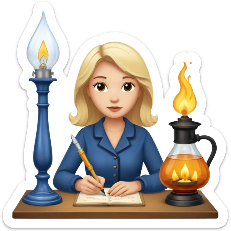 Blonde woman writing with fountain pen under an oil lamp sticker