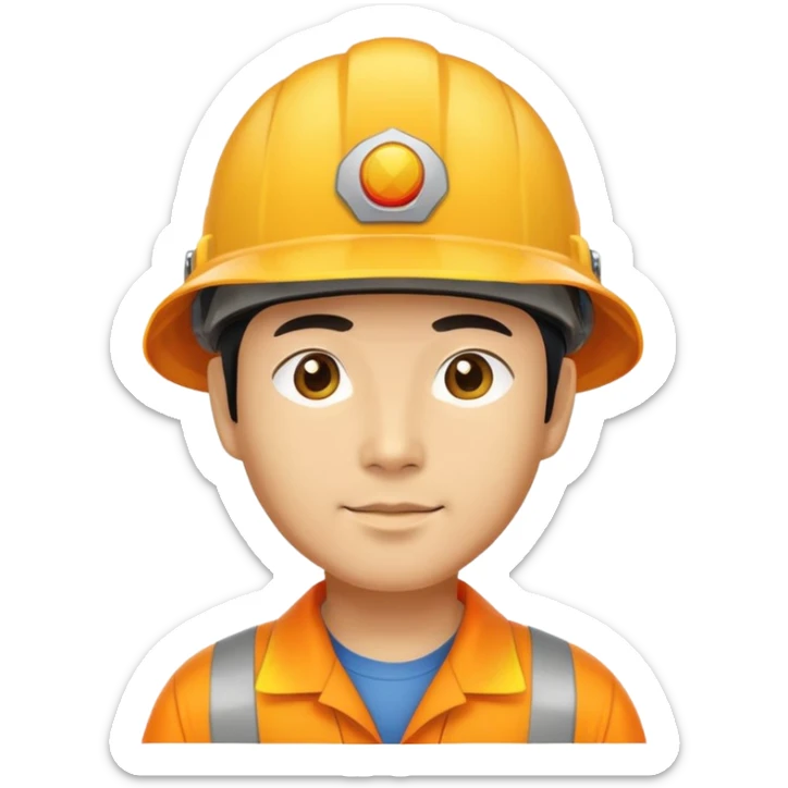 Man of Chinese appearance wearing an orange helmet with a yellow hat on top sticker