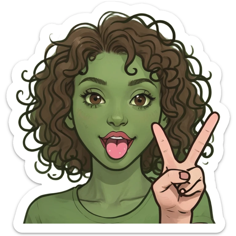 Brown haired curly haired girl with her tongue sticking out and a peace sign  sticker
