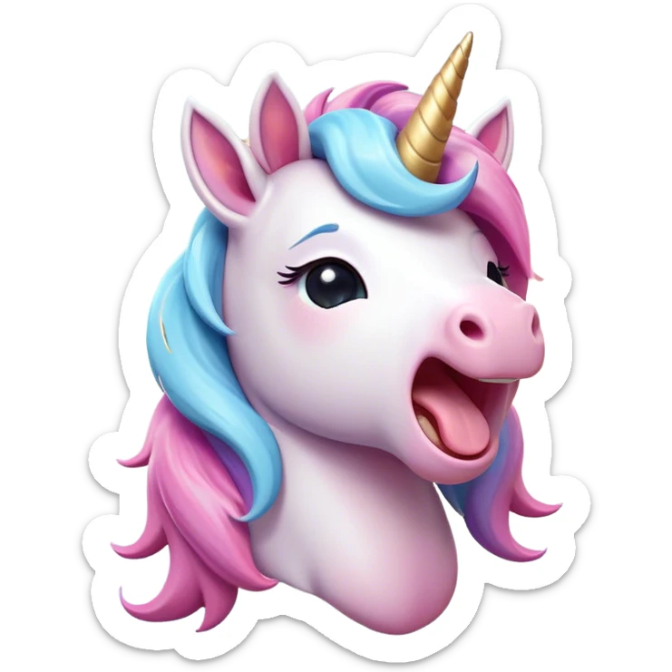Cinematic Cute Yawning Unicorn Pony Portrait Emoji, Head tilted slightly with a dramatic, wide-open yawn, showcasing a petite, softly glowing form with a gently drooping mane, a subtle, shimmering horn and sleepy, half-closed eyes, Simplified yet irresistibly adorable features, highly detailed, glowing with a soft, cozy pastel glow, high shine, relaxed yet expressive, stylized with a dash of whimsical enchantment, soft glowing outline, capturing the essence of a drowsy yet affectionate unicorn pony that appears ready to stretch and yawn its way off the screen! sticker