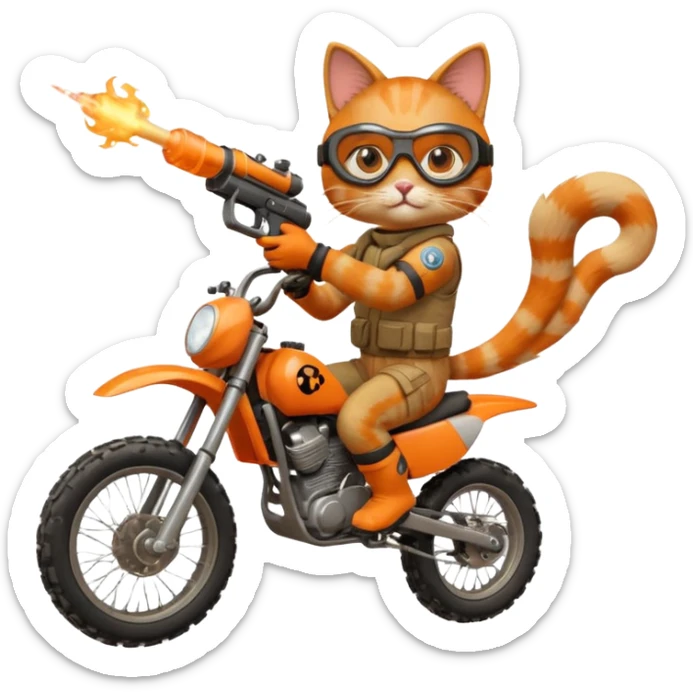 Cat on a dirt bike shooting a gun in the air sticker