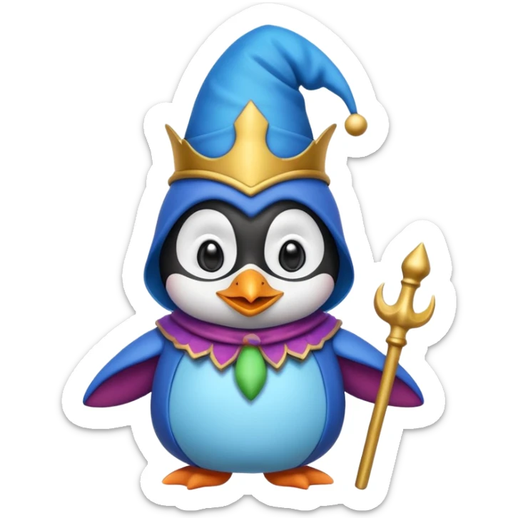 crazy colorful cute penguin jolly joker, medieval, vintage, court jester, mac os icon, blue color sticker