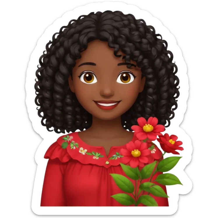 A girl with shoulder-length curly hair, dark skin, and black hair is wearing a red blouse with flowers. sticker
