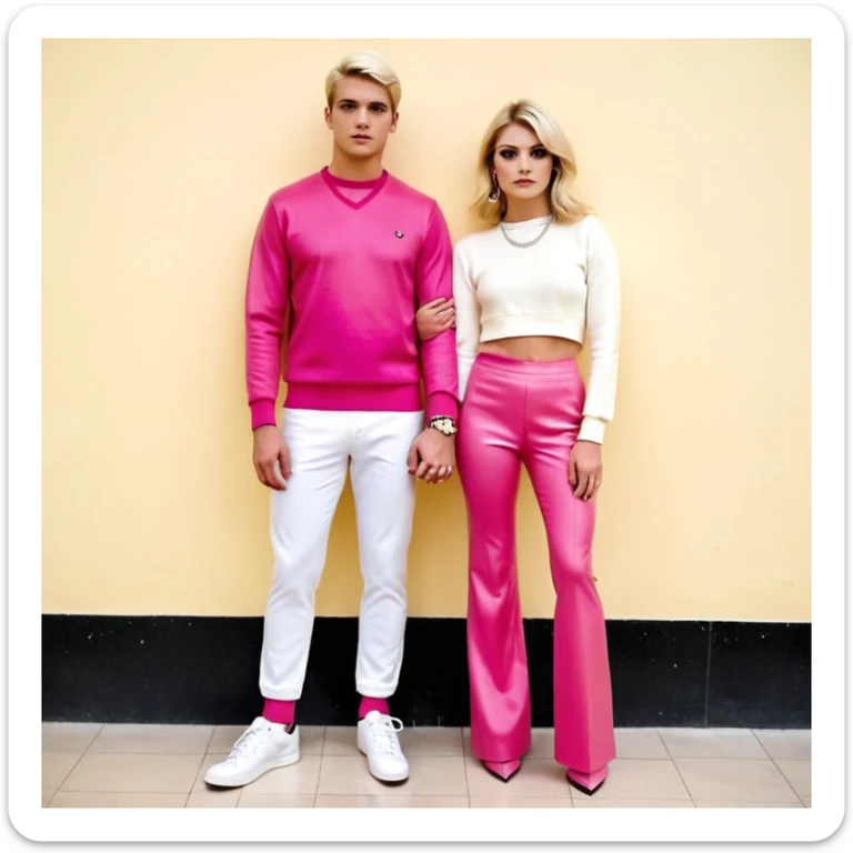 Una pareja de novios van tomados de la mano ella es rubia de ojos carmelitas piel blanca vestido rosado y tacones el muchacho es de piel morena ojos negros un pullover blanco pantalón de mezclilla y tenis blancos el fondo es una iglesia  sticker