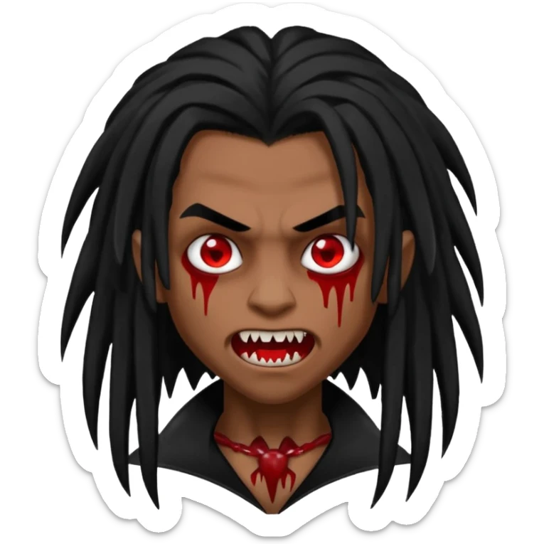 Brown skin Boy, vampire, black long hair similar to dreadlocks, bloody fangs, emo sticker
