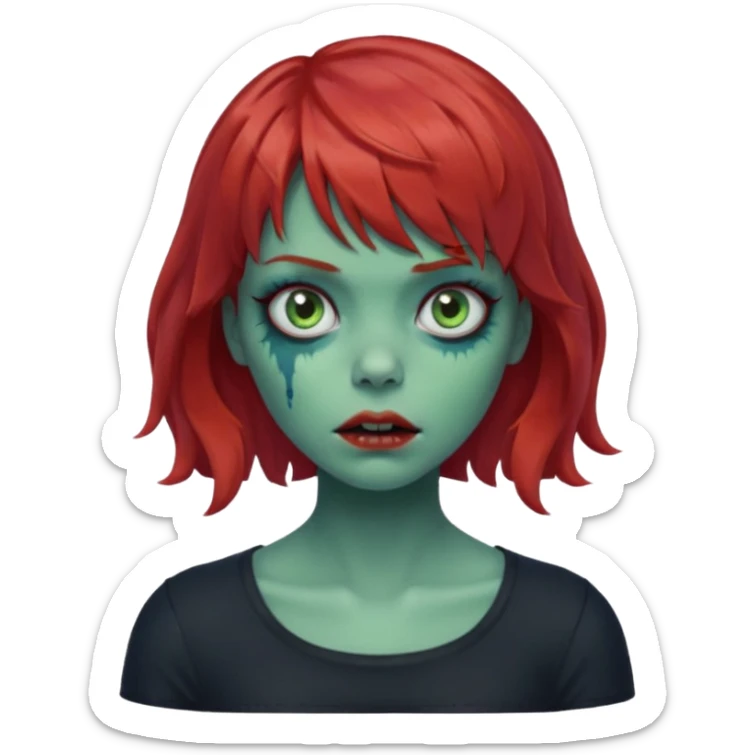 Zombie girl emoji with short red hair and bangs. Blue eyes, green skin, and a black top Her hair is slightly wavy sticker