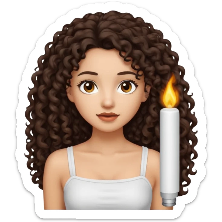 Woman with light skin and dark brown eyes and dark brown long curly hair and white tube top sticker