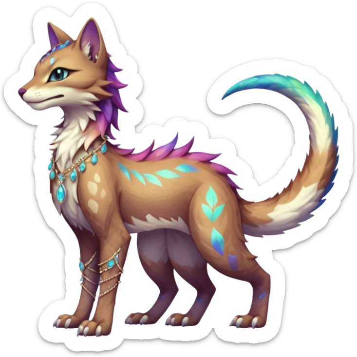 Kawaii iridescent beautiful pretty elegant divine edgy fantasy feline-vernid-sergal-fursona animal creature with a tufted tail full body with intricate markings  sticker
