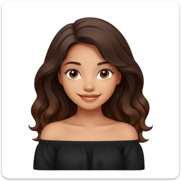 modern clean emoji of a young woman with medium skin tone, long wavy dark brown hair, wearing a black off-shoulder top, soft friendly smile, expressive eyes, modern warm charming style, relaxed confident vibe, light softly blended gradient background sticker