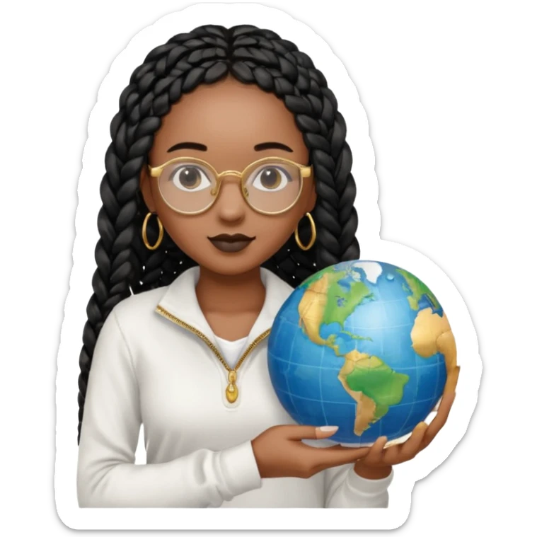 a young woman wearing fine gold round glasses and black hair in several box braids, no earrings, she has light black skin, and she's wearing a white shirt with a black quarterzip. She's holding a globe in one hand sticker