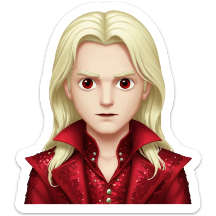 Alucard, Son of Dracula with long platinum blonde hair, dark red sequin outfit  sticker